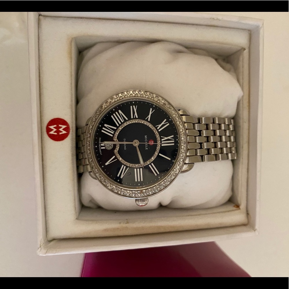 Michele deco watch with diamonds and blue face